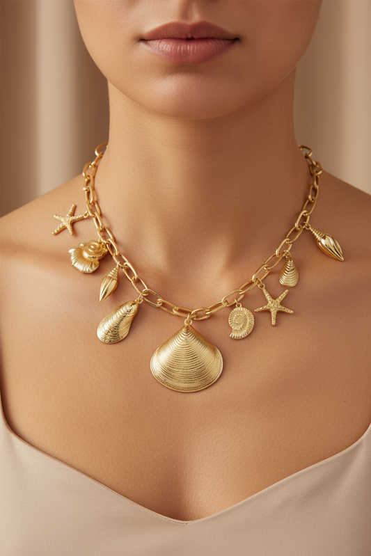 Zinc Alloy Shell & Starfish Charm Necklace – Gold