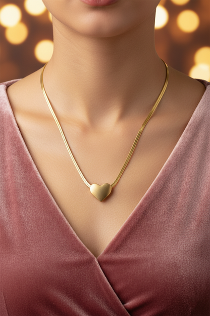 Stainless Steel Matte Puffed Heart Pendant Necklace – Gold