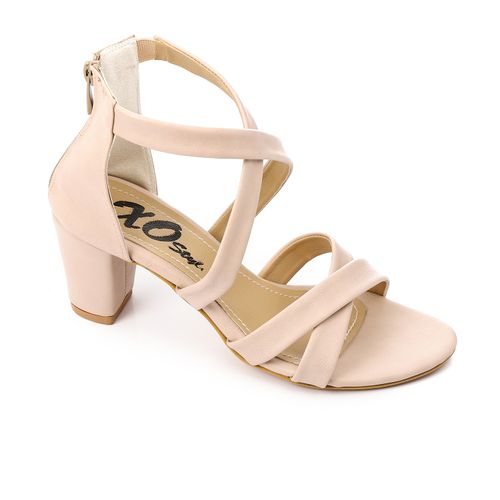 Cross Strap Block Heel Sandals - Beige
