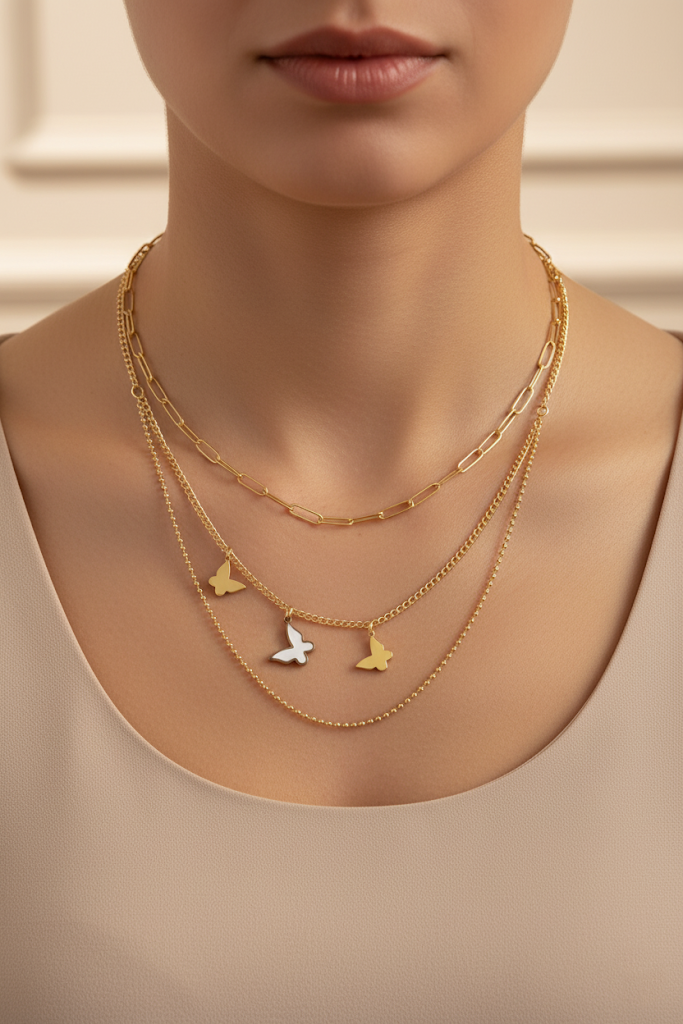 Stainless Steel Layered Butterfly Charm Necklace – Gold