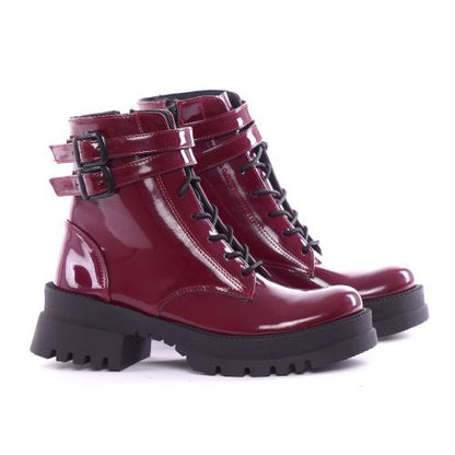 Faux Leather High-Neck Boots with Buckles – Burgundy