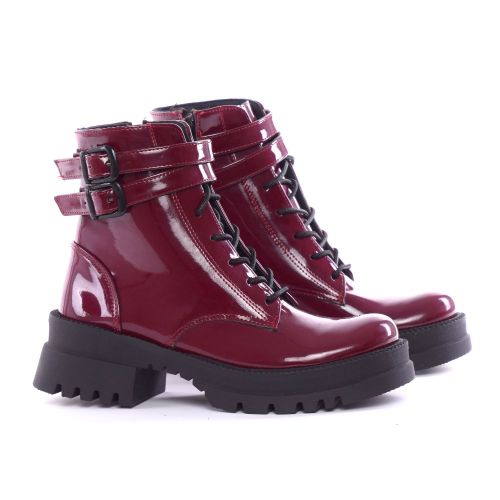 Faux Leather High-Neck Boots with Buckles – Burgundy