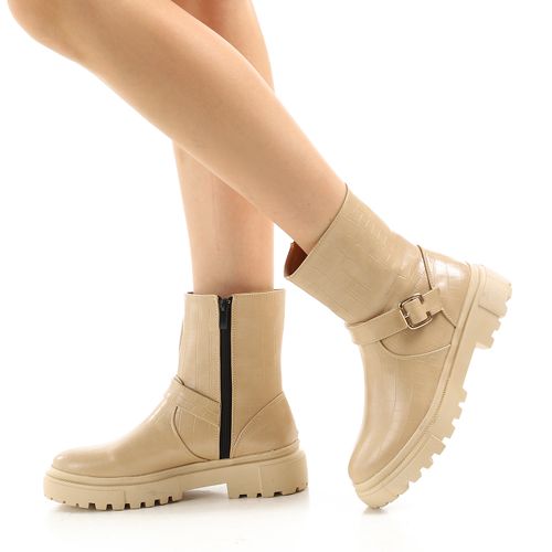 Faux Leather Chunky Buckle Boots – Beige