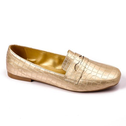 Faux Leather Croc-Pattern Loafers – Gold