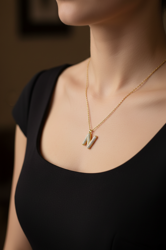 Stainless Steel Crystal Letter N Pendant Necklace – Gold