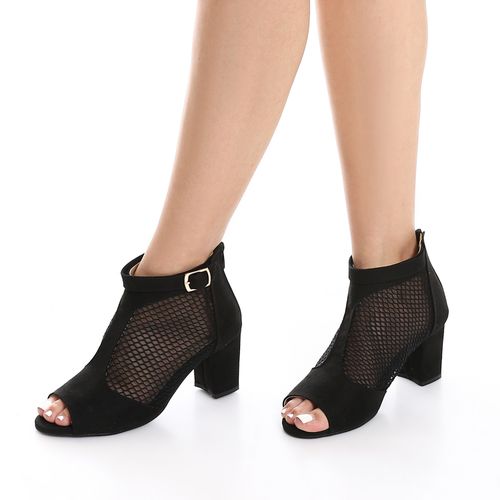 Suede and Mesh Peep-Toe Bootie Sandals - Black