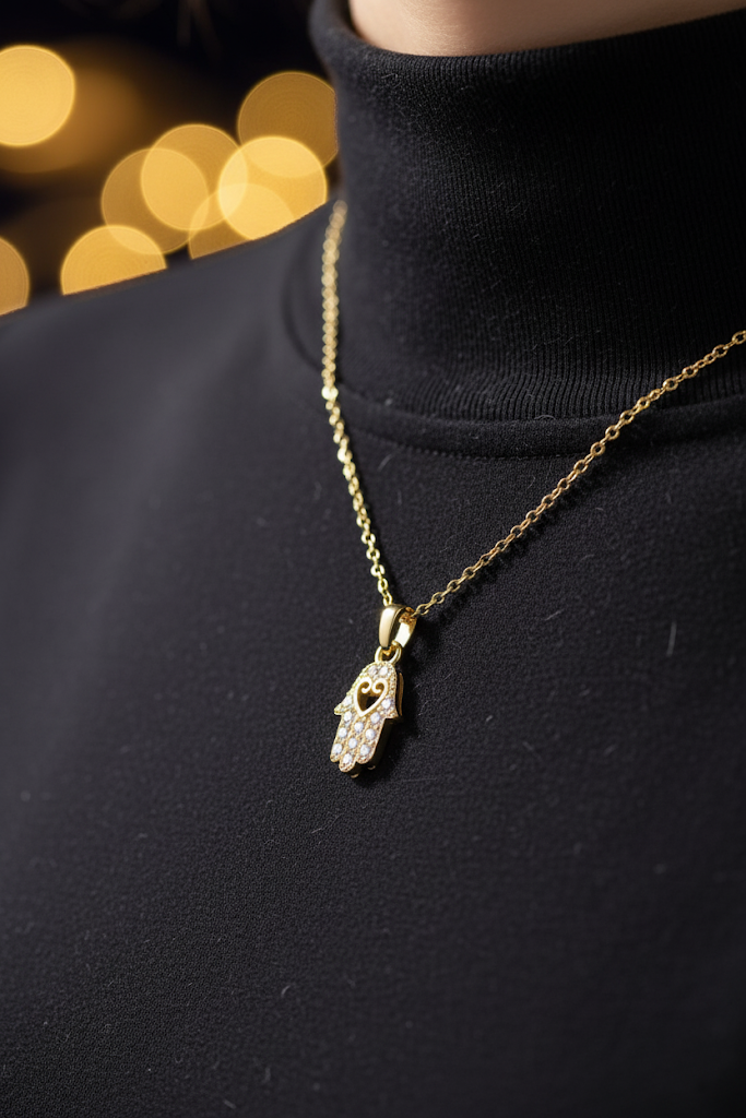 Stainless Steel Crystal Hamsa Hand Pendant Necklace – Gold