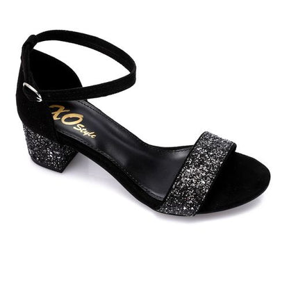 Faux Suede Glitter Block Heel Sandals - Black