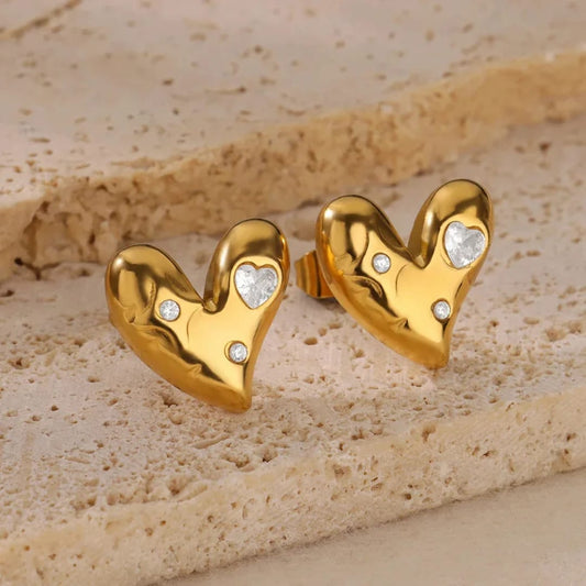 Gold-Plated Heart-Shaped Stud Earrings with Stones