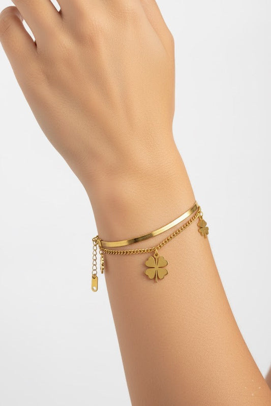 Stainless Steel Two-Layer Clover Charm Bracelet – Gold
