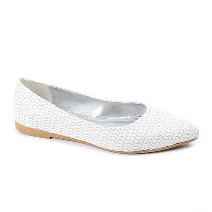 Fabric Textured Pointed Toe Flats – White