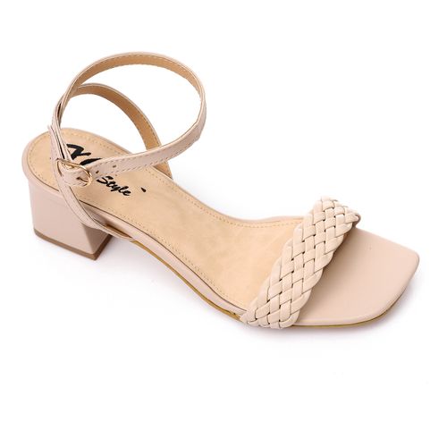 Faux Leather Braided Block Heel Sandal - Beige