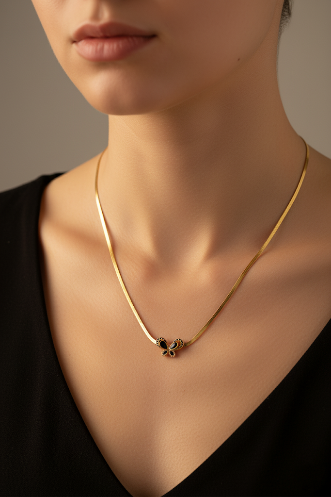 Stainless Steel Snake Chain Black Butterfly Necklace – Gold