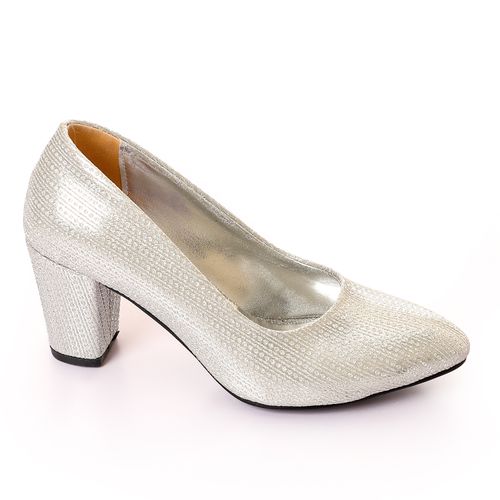 Synthetic Glitter Block Heel Pump - Silver