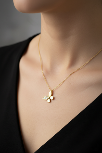 Stainless Steel Crystal Butterfly Pendant Necklace – Gold