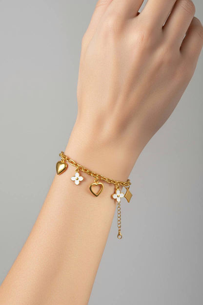 Stainless Steel Hearts & Rose Charm Bracelet – Gold