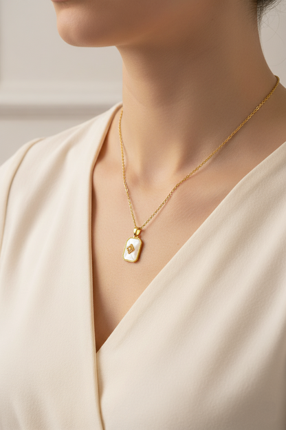 Stainless Steel Rectangular Shell & Crystal Pendant Necklace – Gold