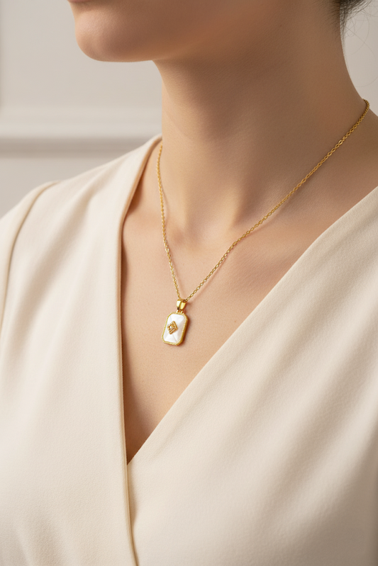 Stainless Steel Rectangular Shell & Crystal Pendant Necklace – Gold