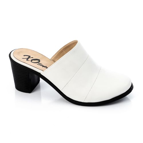 Faux Leather Block Heel Mules - White