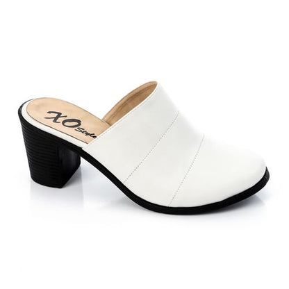 Faux Leather Block Heel Mules - White