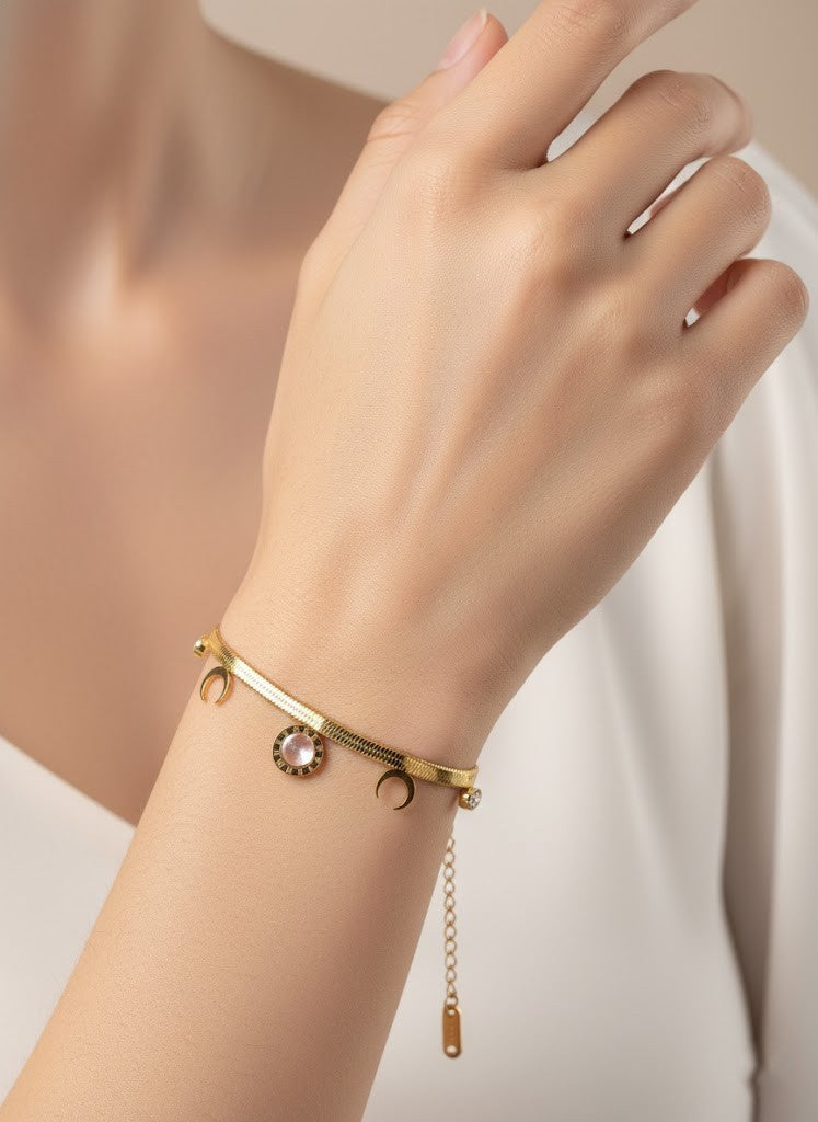 Stainless Steel Snake Chain Bracelet Rose Stone Charms – Gold