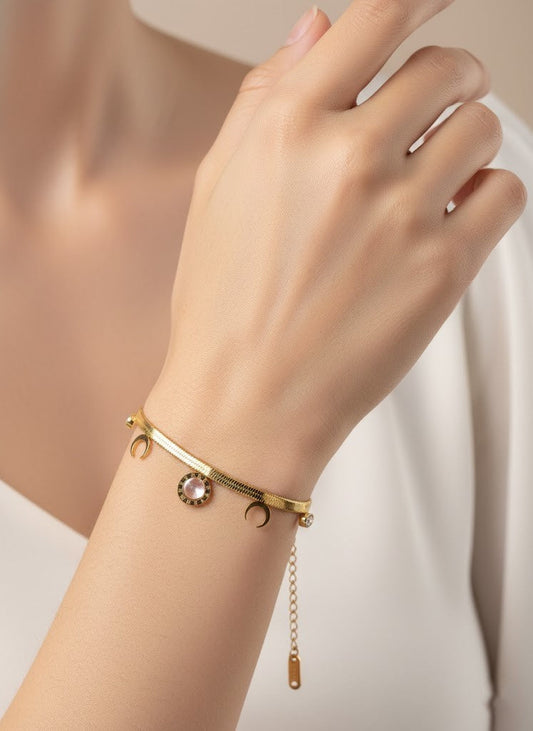 Stainless Steel Snake Chain Bracelet Rose Stone Charms – Gold