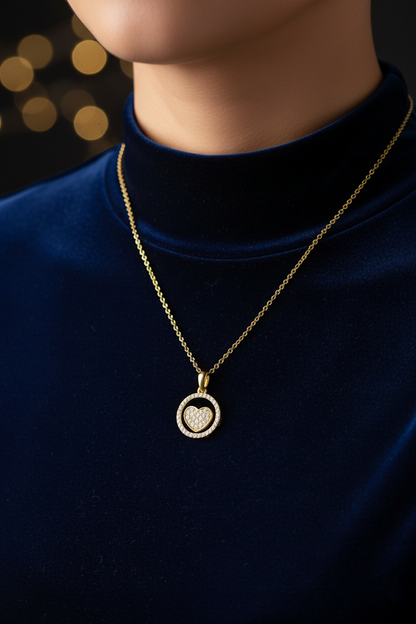 Stainless Steel Crystal Paved Heart Pendant Necklace – Gold