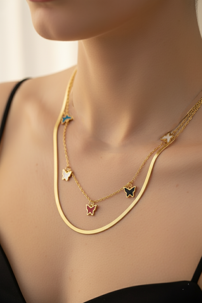 Stainless Steel Layered Butterfly Charm Necklace – Gold