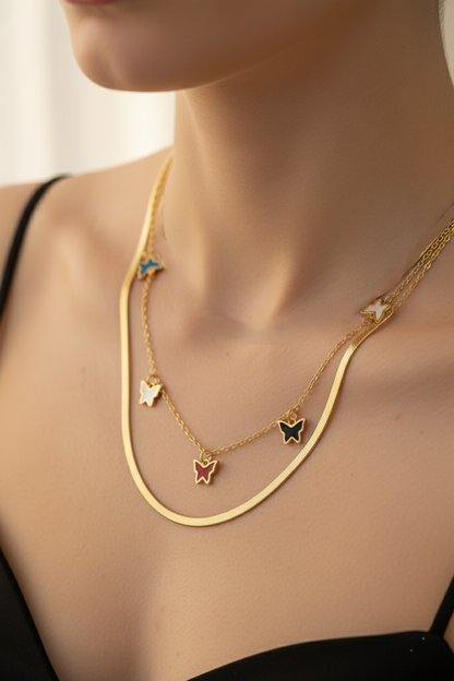 Stainless Steel Layered Butterfly Charm Necklace – Gold