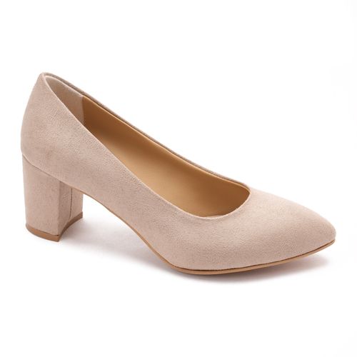 Suede Block Heel Pumps - Beige