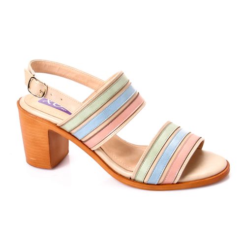 Faux Leather Pastel Striped Block Heel Sandal - Multicolor