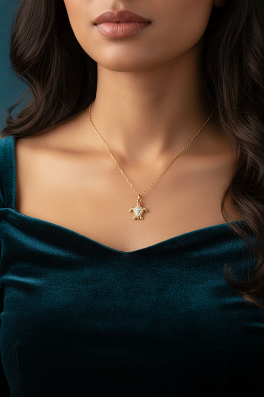 Stainless Steel Crystal Turtle Pendant Necklace – Gold