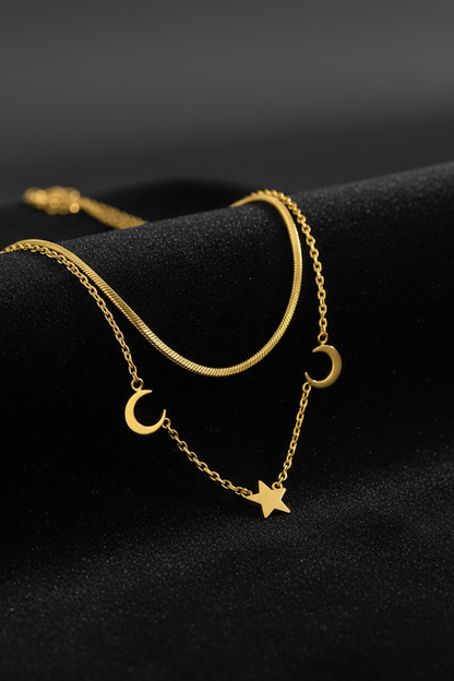 Stainless Steel Layered Crescent & Star Necklace – Gold
