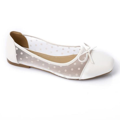 Faux Leather Polka Dot Mesh Ballet Flats – White