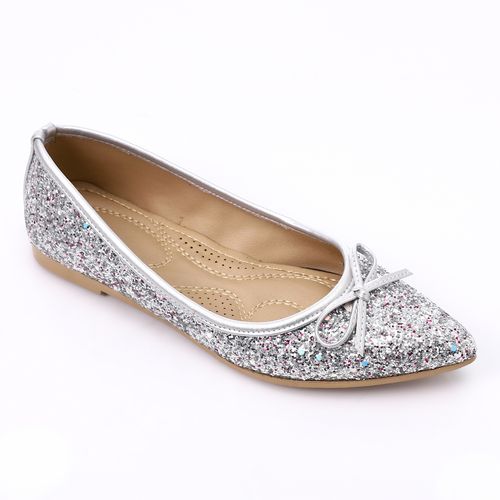 Faux Leather Glitter Ballet Flats - Silver