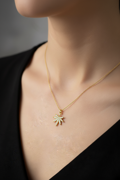 Stainless Steel Pave Starburst Pendant Necklace – Gold