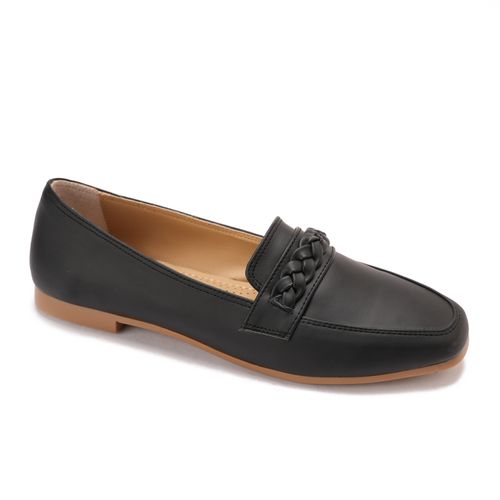 Faux Leather Loafers with Braided Strap - Black