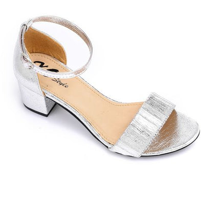 Faux Leather Textured Block Heel Sandals - Silver