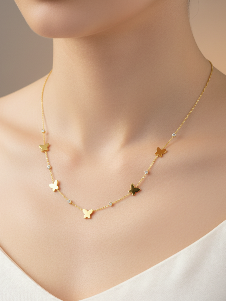 Stainless Steel Butterfly & Crystal Charm Necklace – Gold