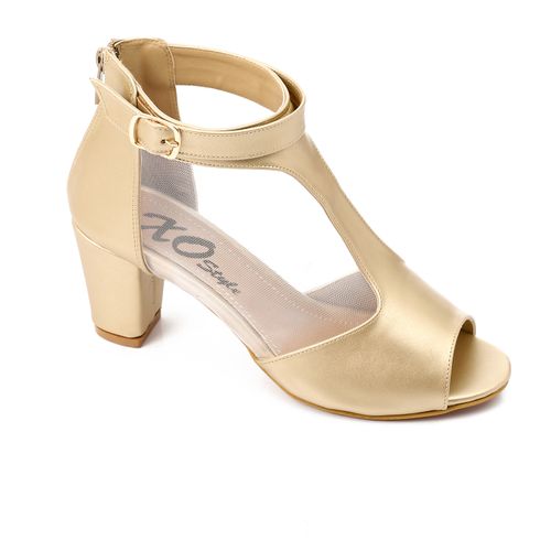 Faux Leather T-Strap Block Heel Sandals - Gold