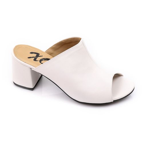 Faux Leather Peep-Toe Block Heel Mules - White