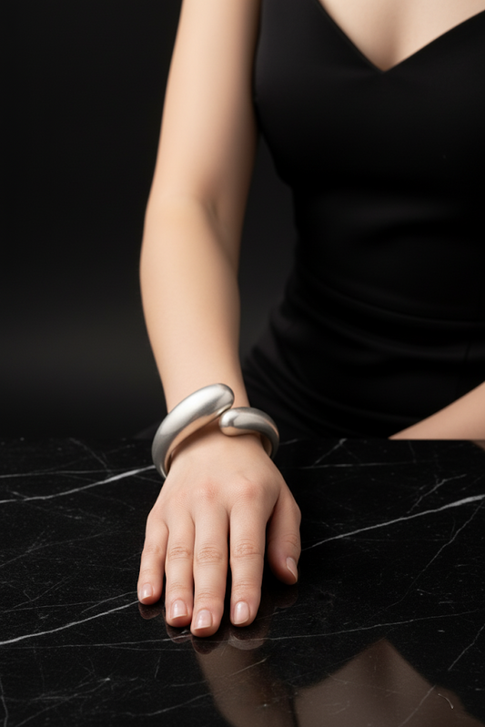 Plated Metal Modern Cuff Bracelet – Silver