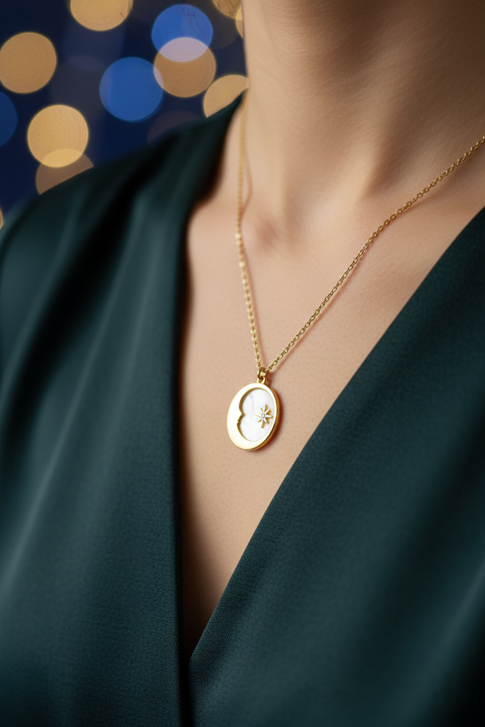 Stainless Steel Crescent Moon & Star Necklace – Gold