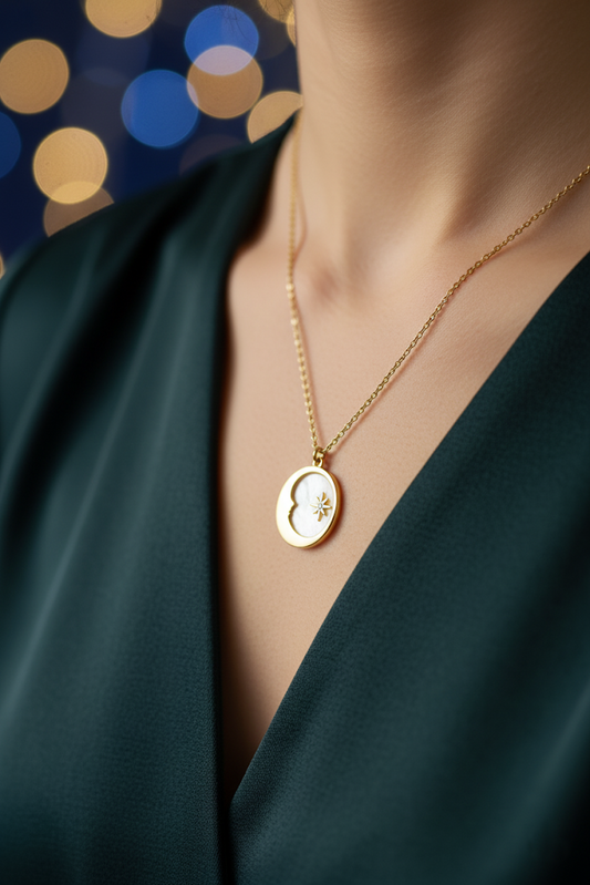 Stainless Steel Crescent Moon & Star Necklace – Gold