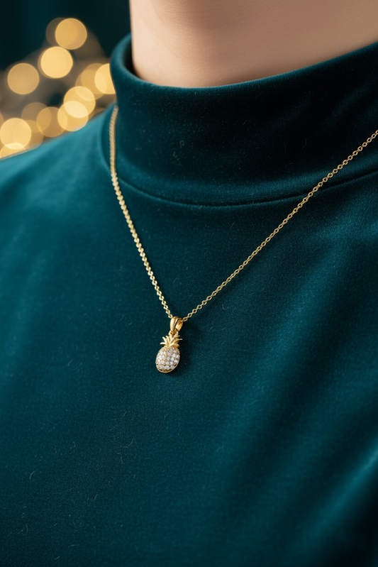 Stainless Steel Crystal Pineapple Pendant Necklace – Gold
