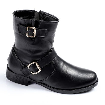 Leather Half-Length Buckle Strap Boots – Black