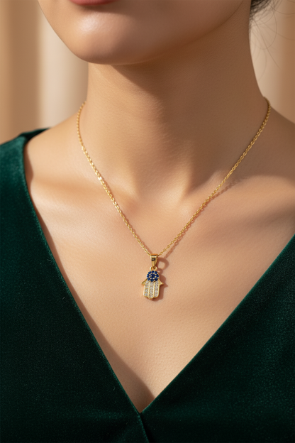 Stainless Steel Crystal Hamsa Hand Pendant Necklace – Gold