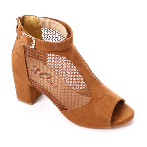 Suede and Mesh Peep-Toe Bootie Sandals - Camel