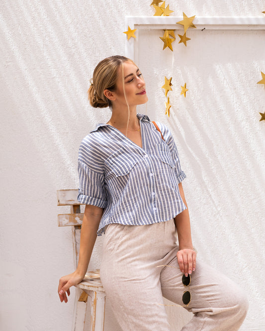 Striped Cropped Shirt - Ocean Blue