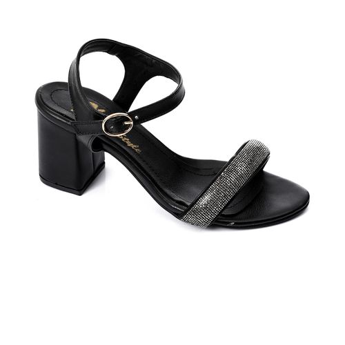 Faux leather Embellished Block Heel Sandals - Black